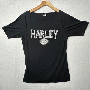 Harley Davidson Womens Black Short Sleeve Graphic Tee Kingwood Texas Size L